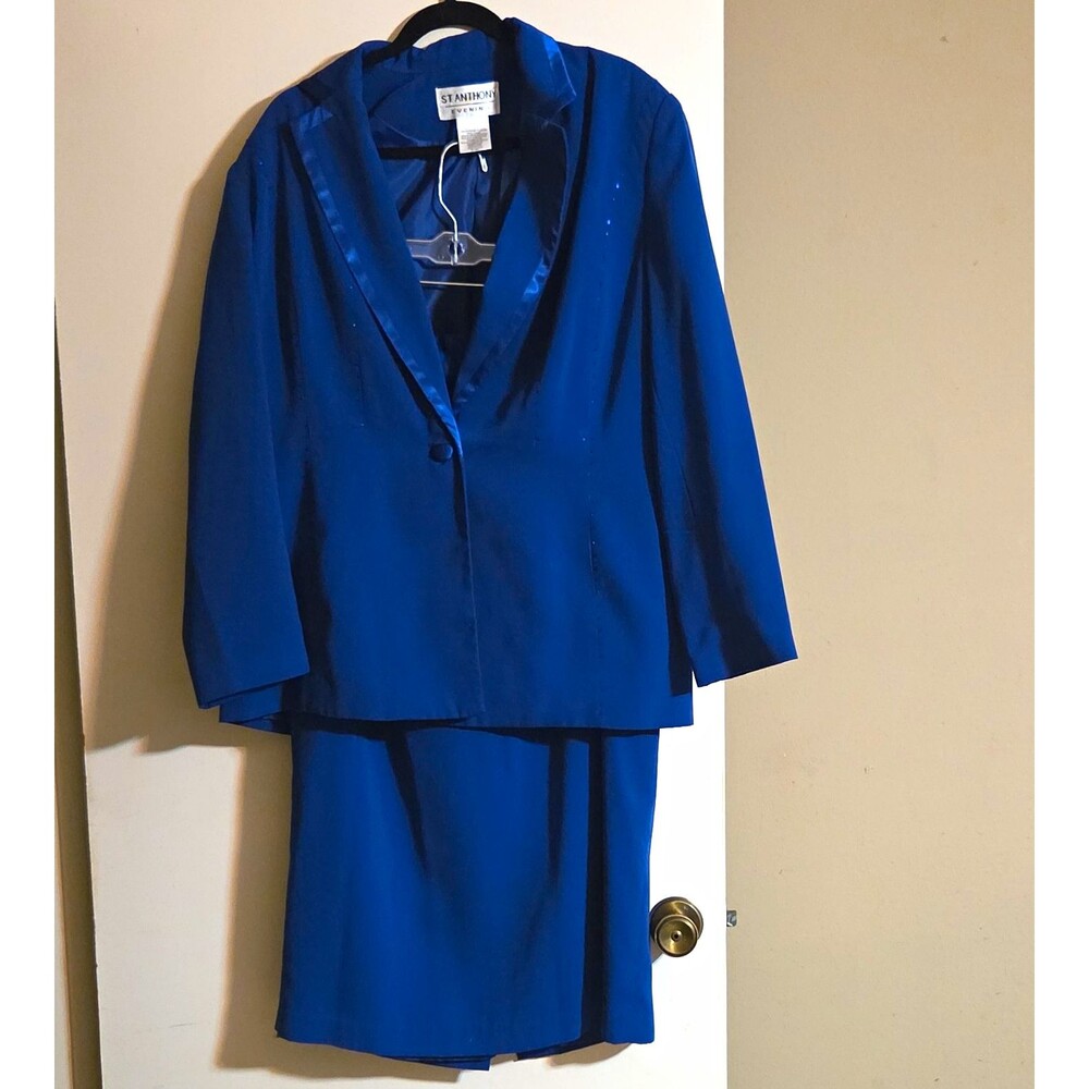 St. Anthony Evening Women’s 2-Piece Blue Satin Jacket Skirt Set, Size 16